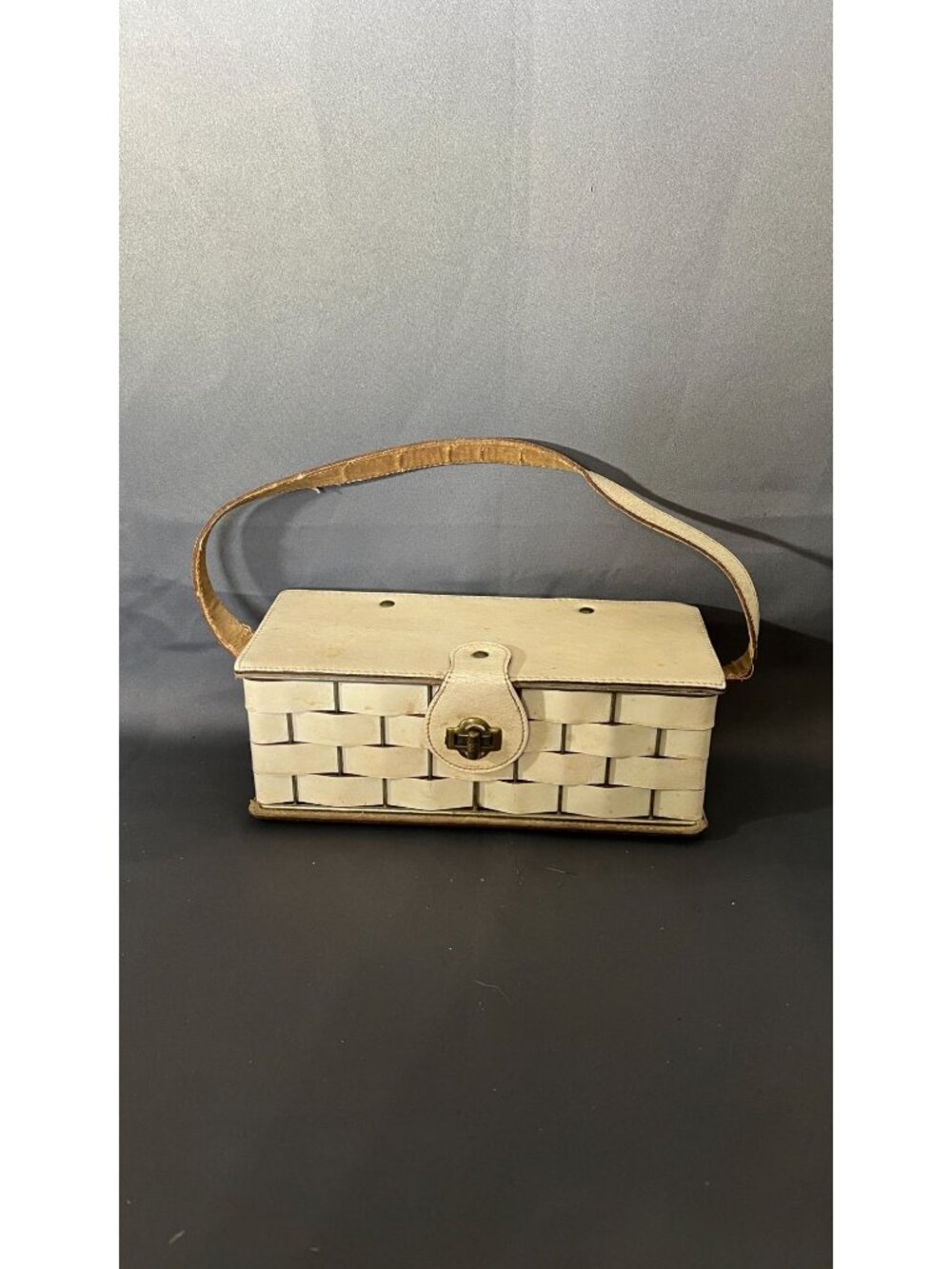 Vintage White Woven Leather Basket Handbag With Brass Closure Strap